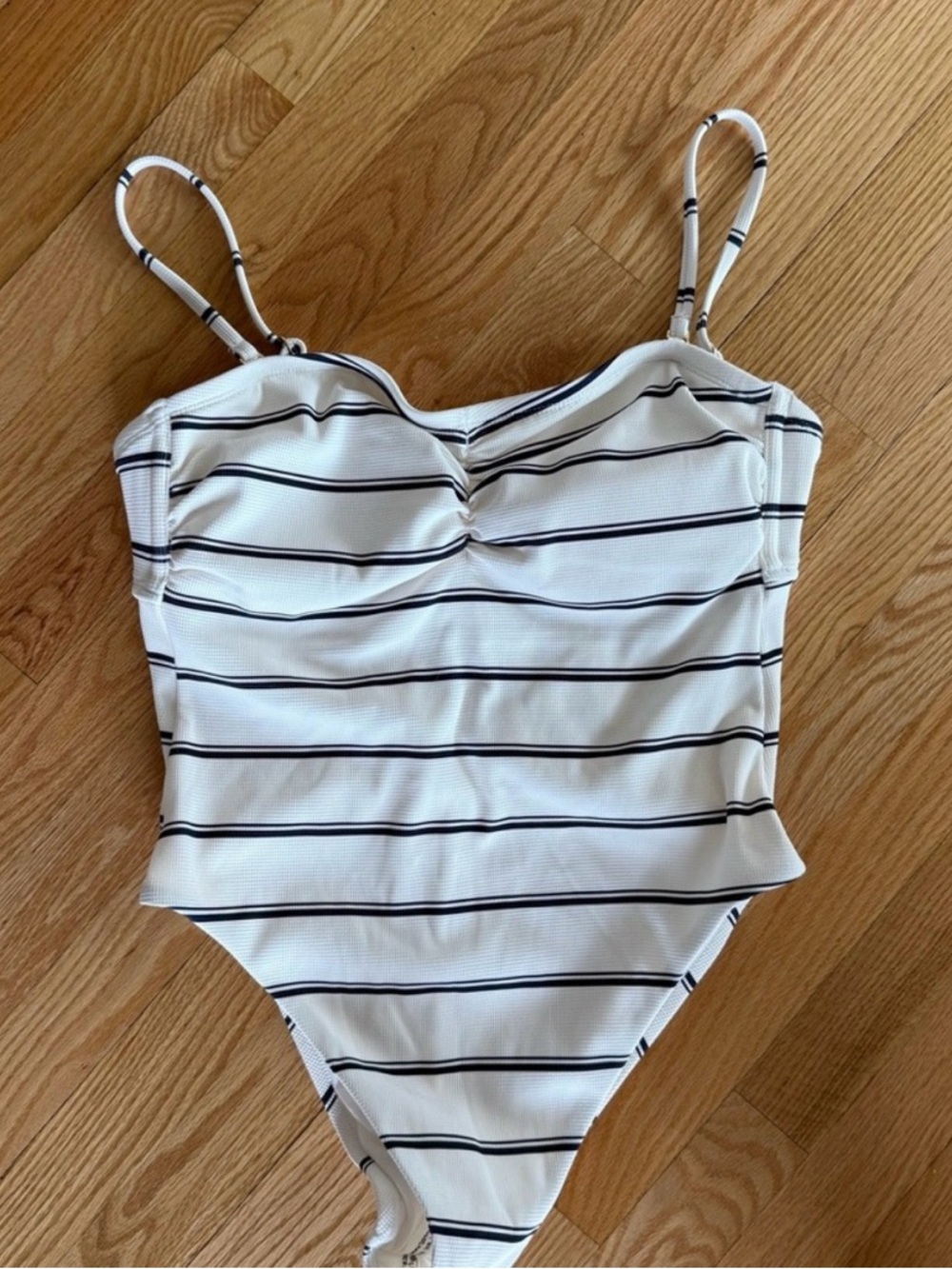 White and Navy Striped One-Piece Swimsuit Coastal